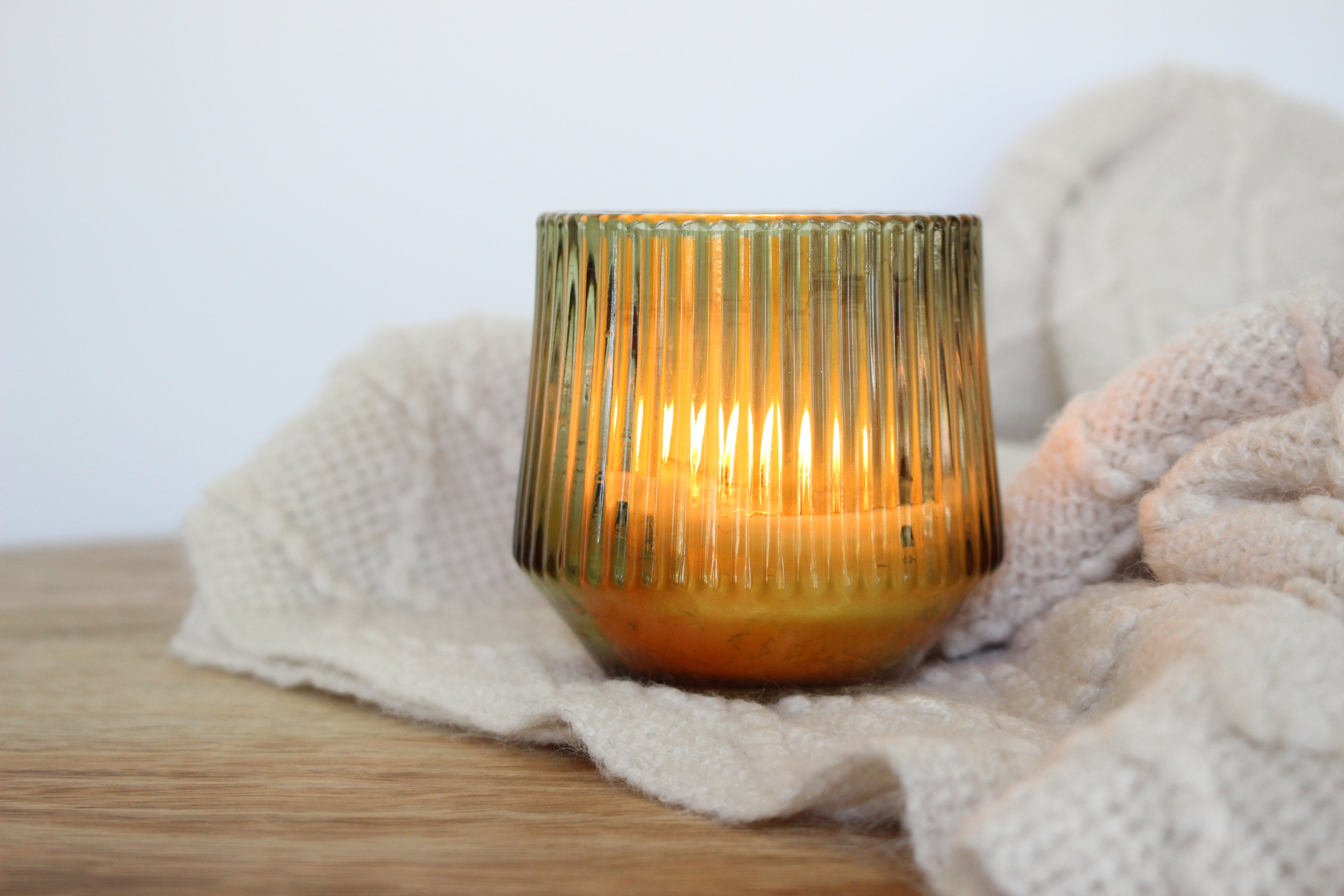 Green Ribbed Glass Beeswax Candle