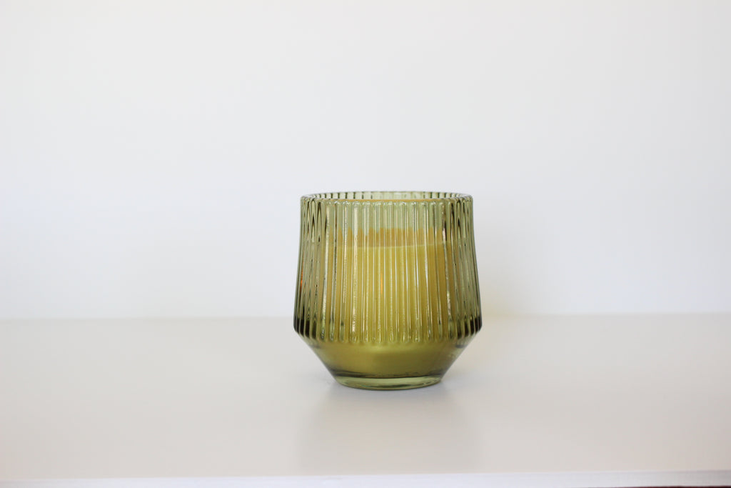 Green Ribbed Glass Beeswax Candle