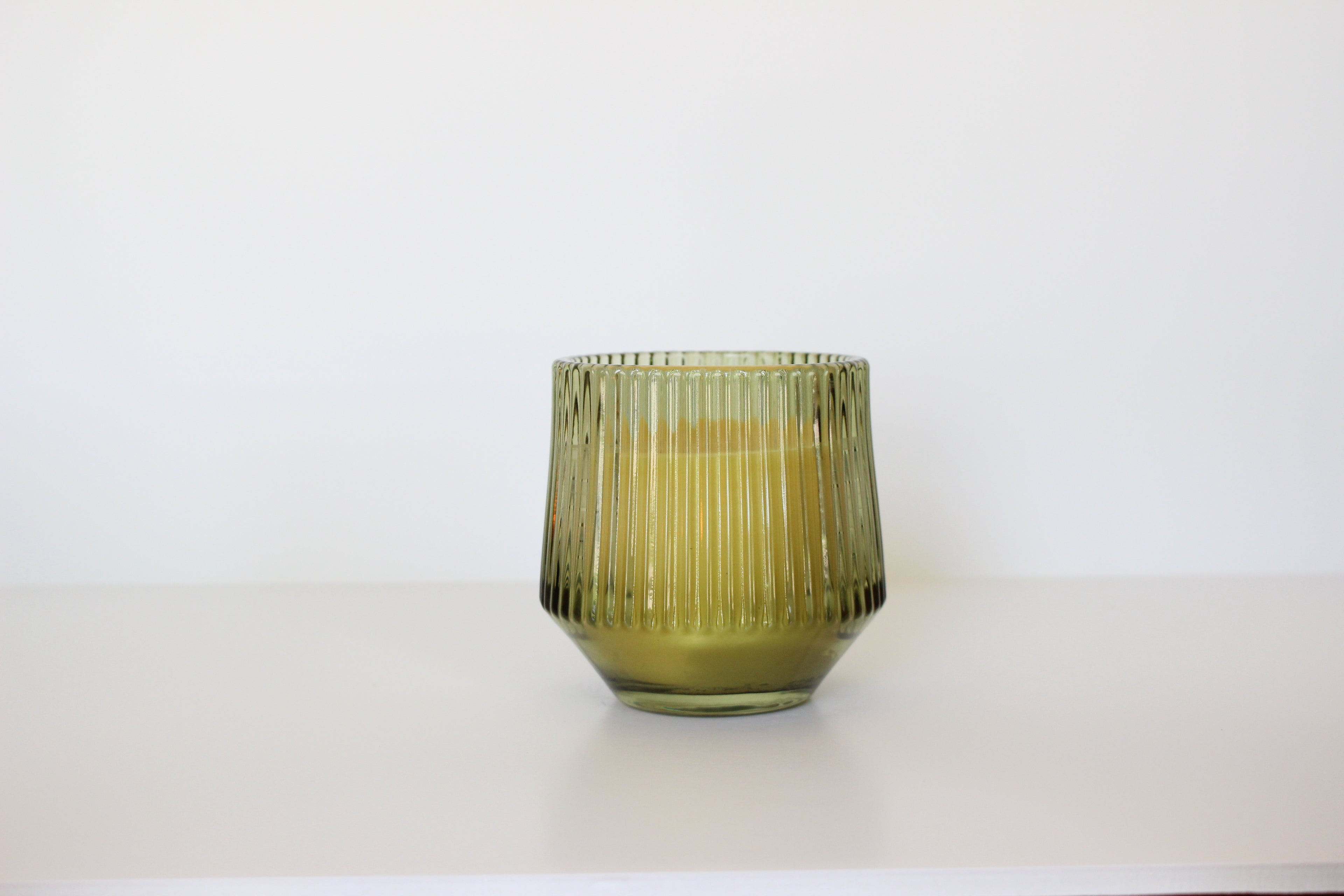 Green Ribbed Glass Beeswax Candle
