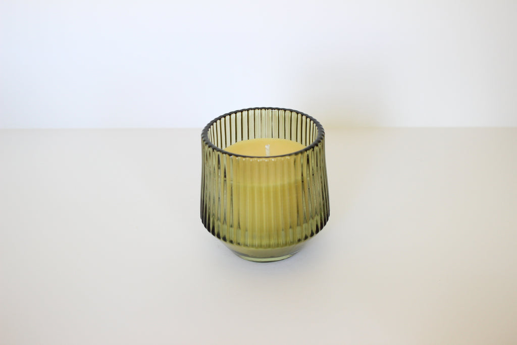 Green Ribbed Glass Beeswax Candle