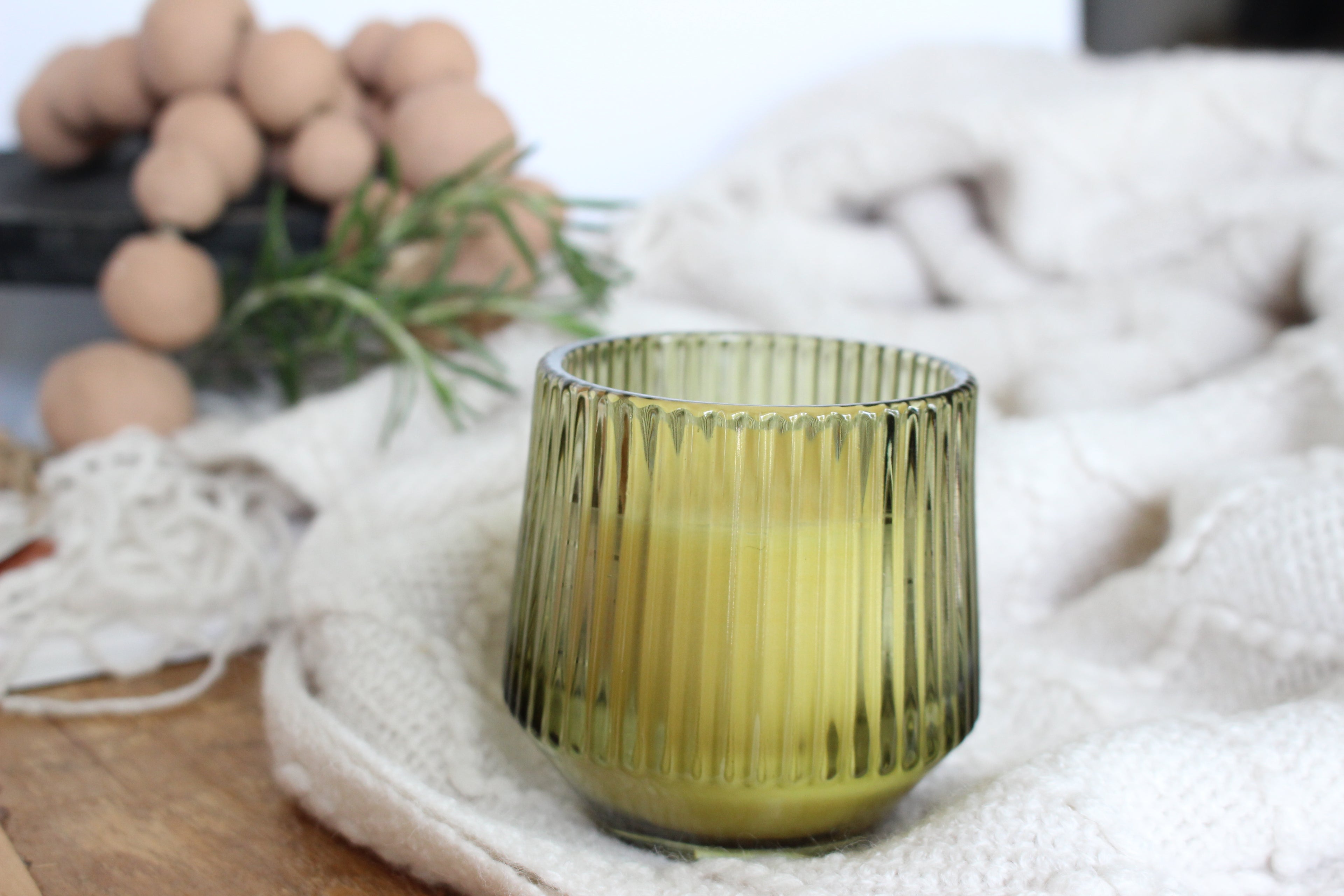 Green Ribbed Glass Beeswax Candle